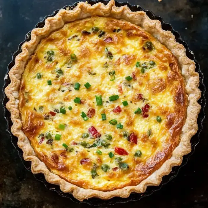 A homemade quiche featuring eggs, green onions, and veggies sitting in a flaky crust with a golden brown top.