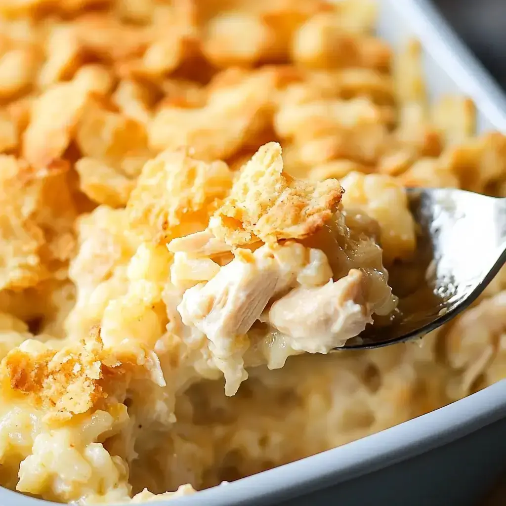 A scoop full of creamy chicken and macaroni bake with crispy cracker bits on top.
