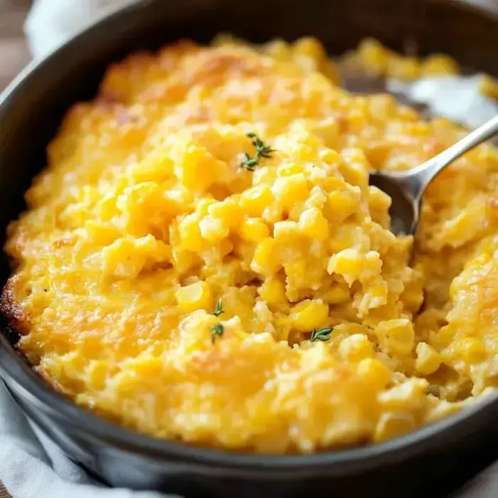 Creamy corn bake with a golden cheesy crust and a little sprig of thyme for some pop.