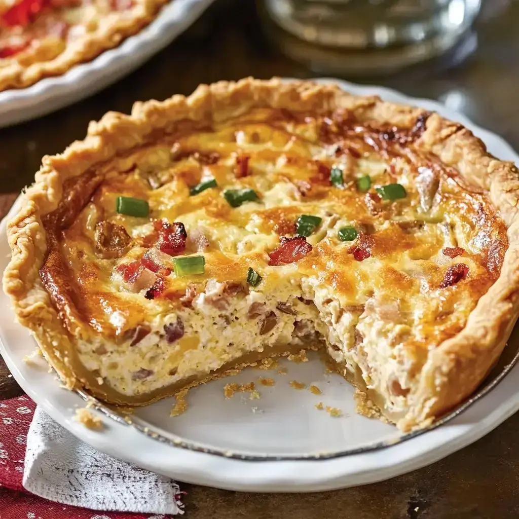A golden, baked quiche packed with cheese, bacon, green onions, and a flaky shell. One slice is taken out to show the layers.