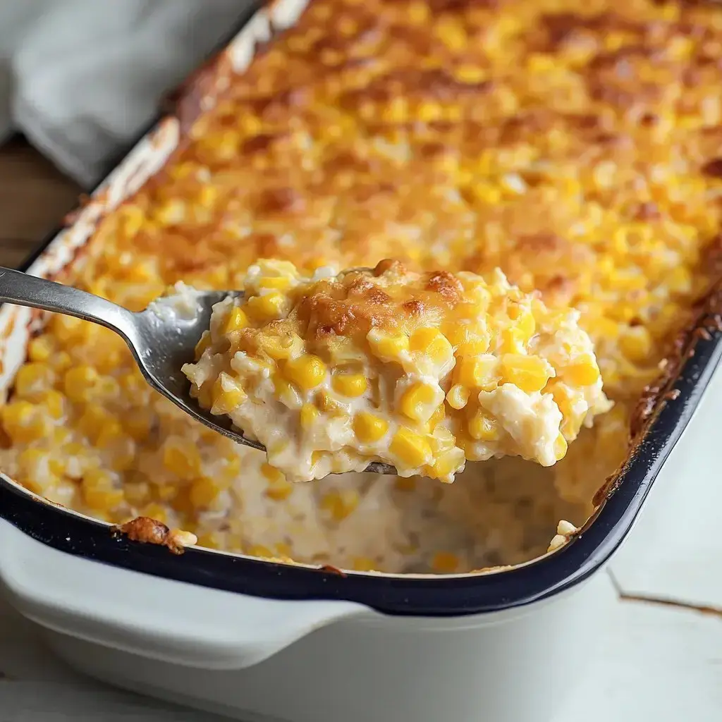 A big spoon of creamy, baked corn casserole being served out, showing melty insides and golden corn on top.