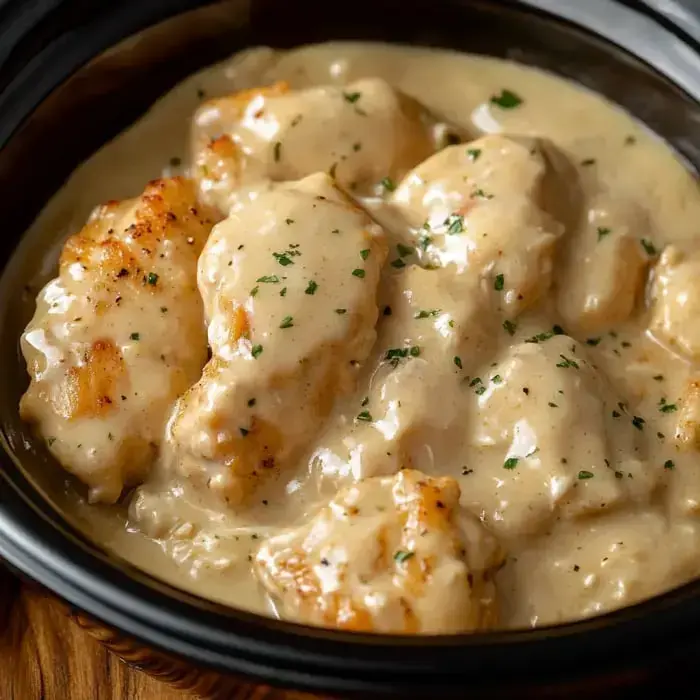 Tender chicken covered in creamy sauce with green herbs, sitting in a black bowl.