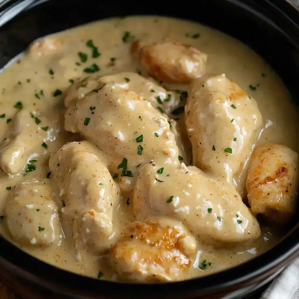 Creamy dumplings topped with fresh parsley in a bowl.