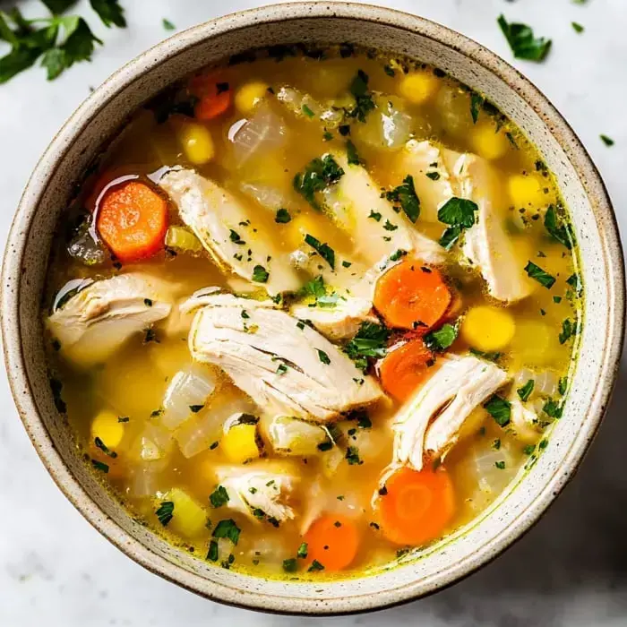 A bowl full of chunky chicken soup with shredded meat, carrots, yellow corn, and herbs in a light broth.