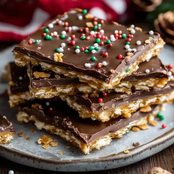A gray plate piled with chocolate-topped bars and bright sprinkles—ready for the holidays.