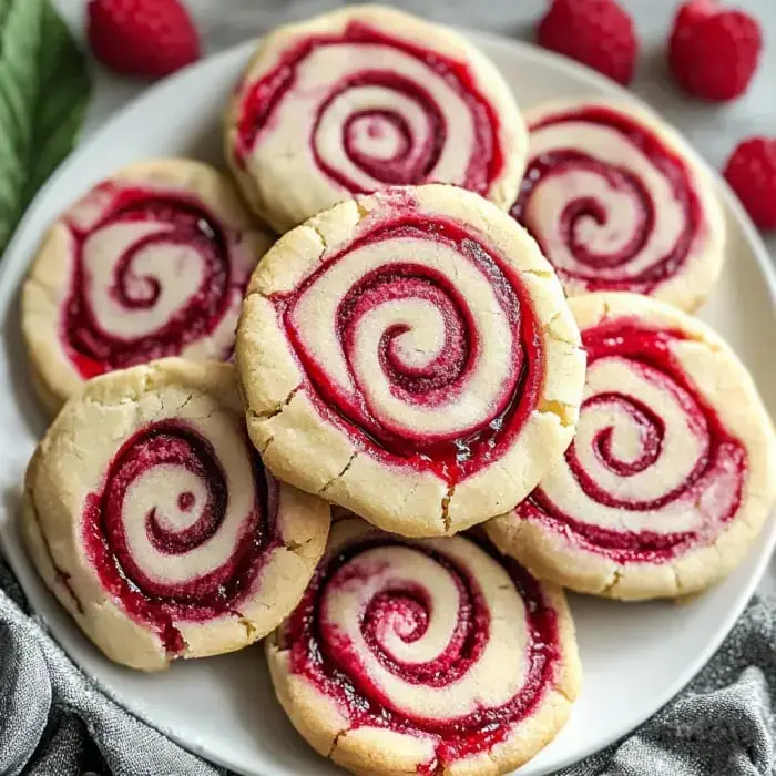 A plate covered in cookies with spirals of raspberry, surrounded by fresh berries.