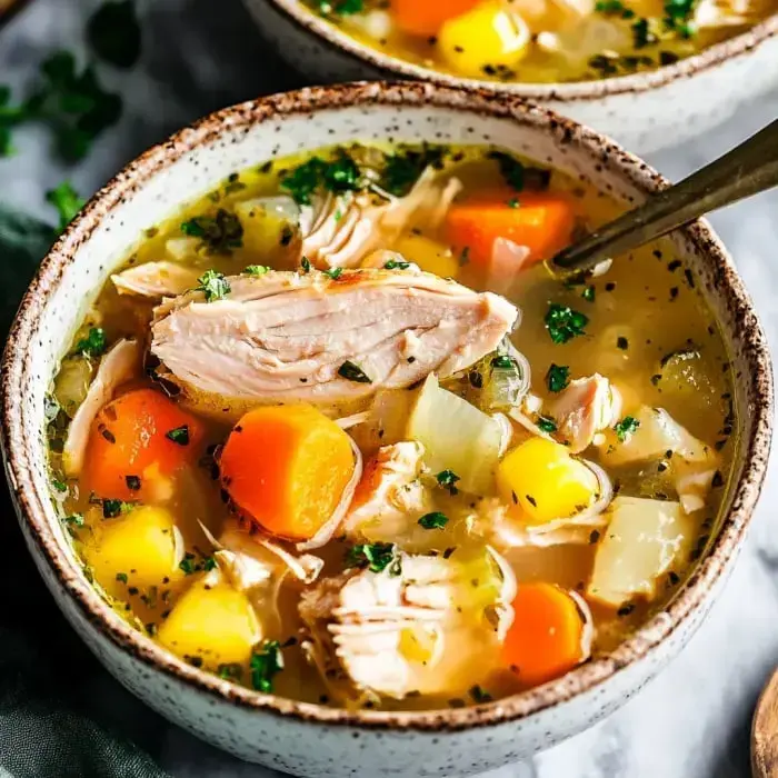 A big bowl of chunky chicken soup brimming with carrots, potatoes, and a sprinkle of fresh herbs on top.