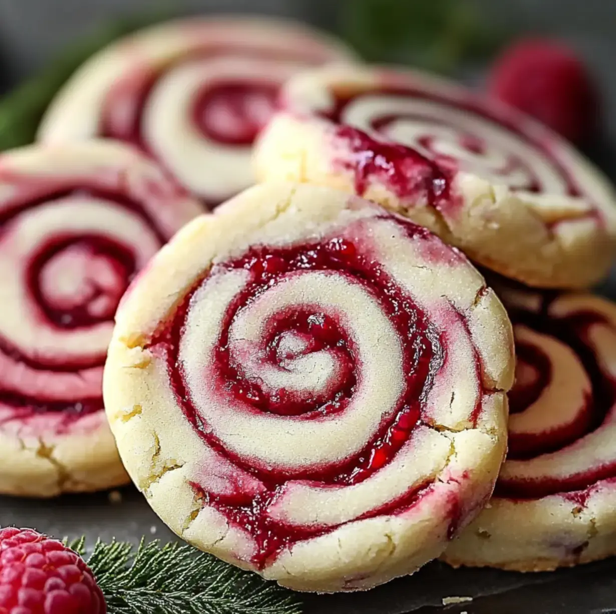Spiral cookies filled with raspberry, topped with fresh berries and leaves.