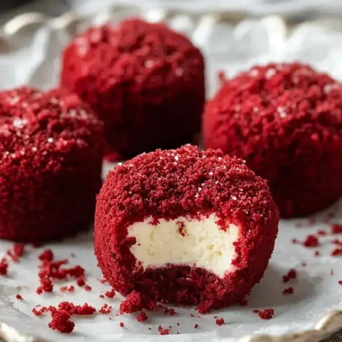 Red velvet cake balls with creamy white centers, one with a bite out, sitting on a cute platter.
