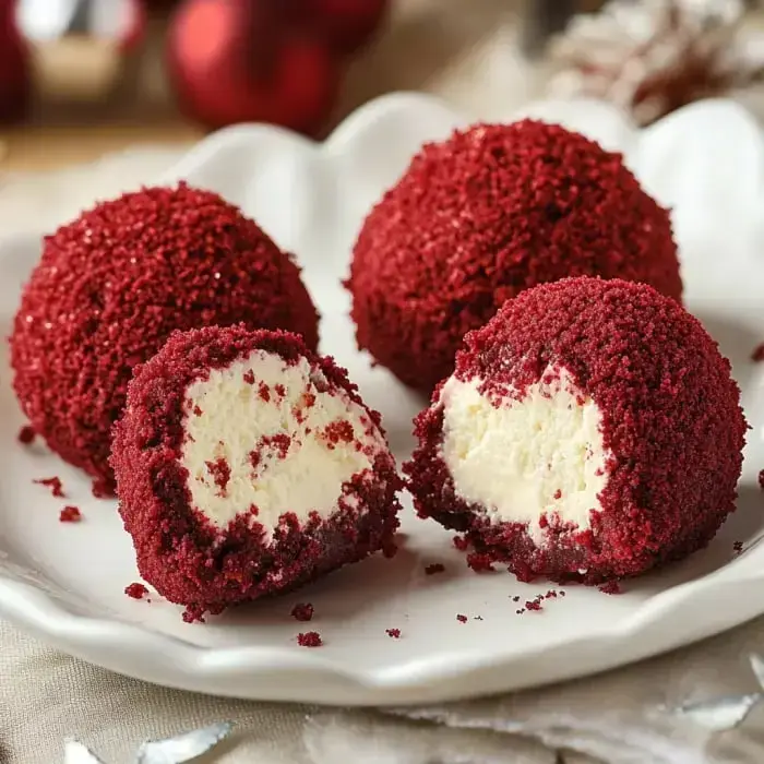 White plate with three red velvet balls, one split open showing creamy filling inside.
