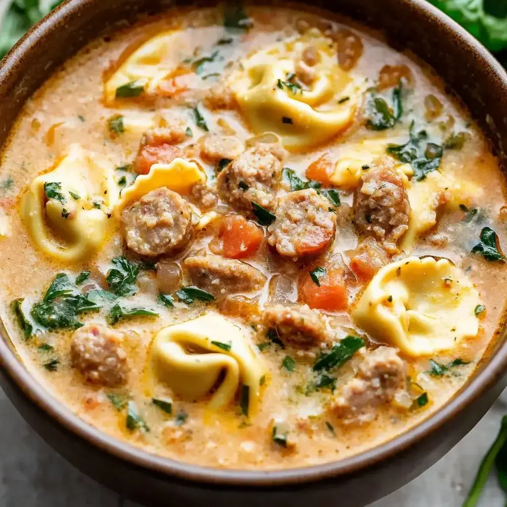 A chunky cozy soup brimming with sausage, tortellini, carrots, and spinach.