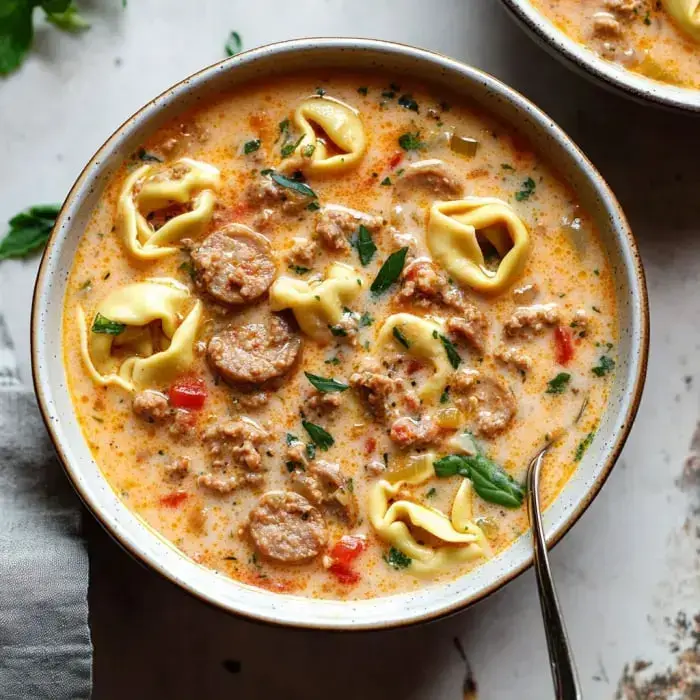 A big bowl of creamy soup full of sausage, tortellini, and fresh greens.