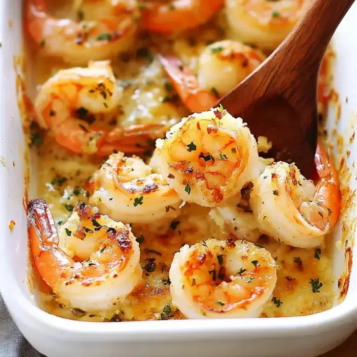 A dish with shrimp baked and topped with herbs sitting in a white pan, a wooden spoon has scooped some out.