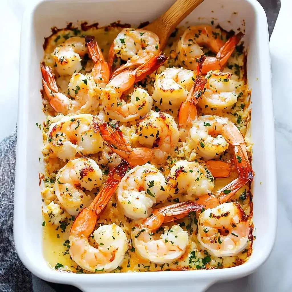 Delicious creamy baked shrimp dish sprinkled with herbs in a white baking pan.
