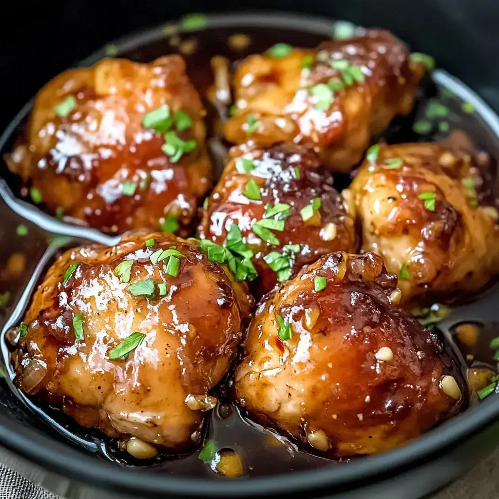 Bowl of sticky meatballs with fresh herbs sprinkled on top swimming in a savory glaze.