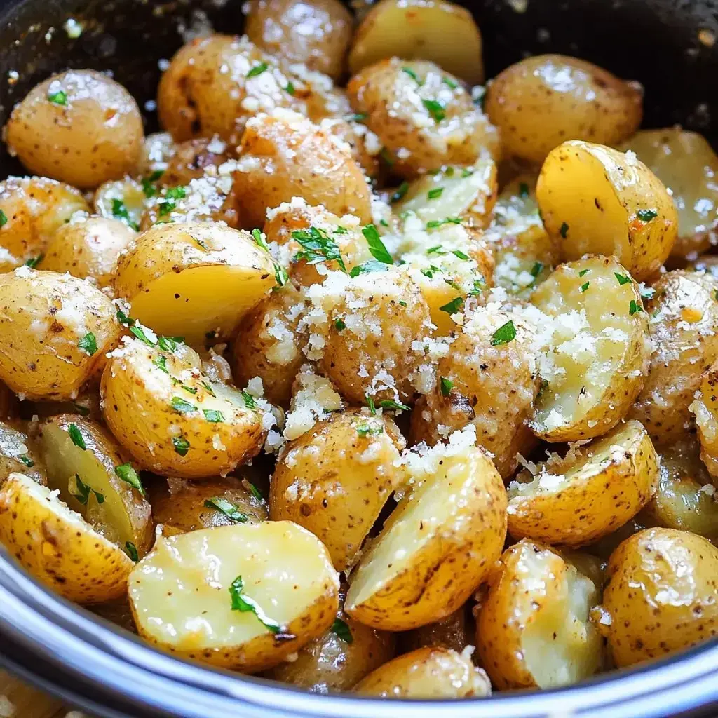 Up-close shot of whole and cut baby potatoes sprinkled with cheese and fresh green herbs.