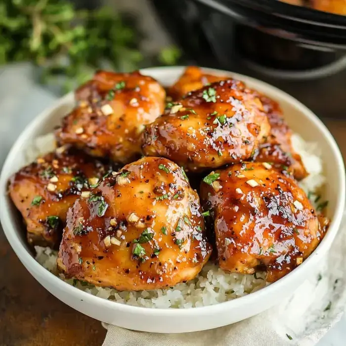 Big bowl of sticky glazed chicken thighs scattered with fresh herbs, sitting on fluffy rice.