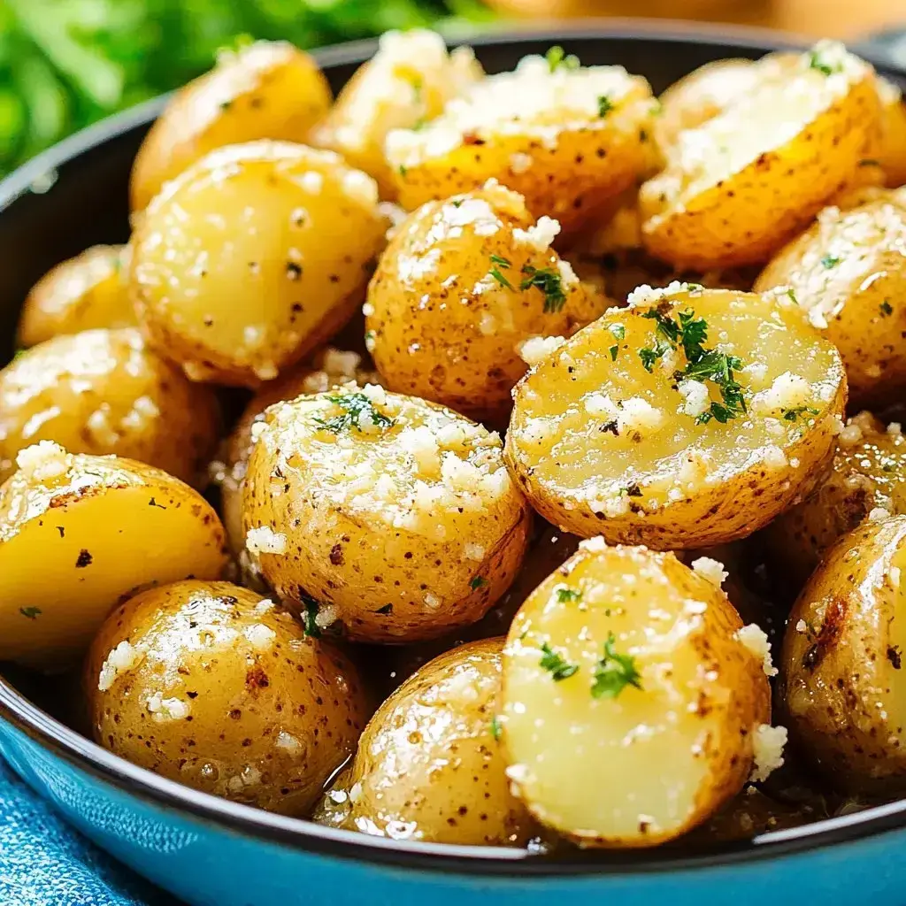 Zoomed-in view of halved boiled potatoes topped with fresh herbs and melted cheese in a navy bowl.