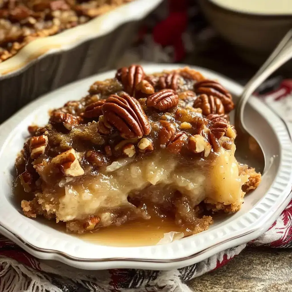 A piece of dessert with pecans on top sits on a white plate sliced open, showing the gooey inside and flaky crust.