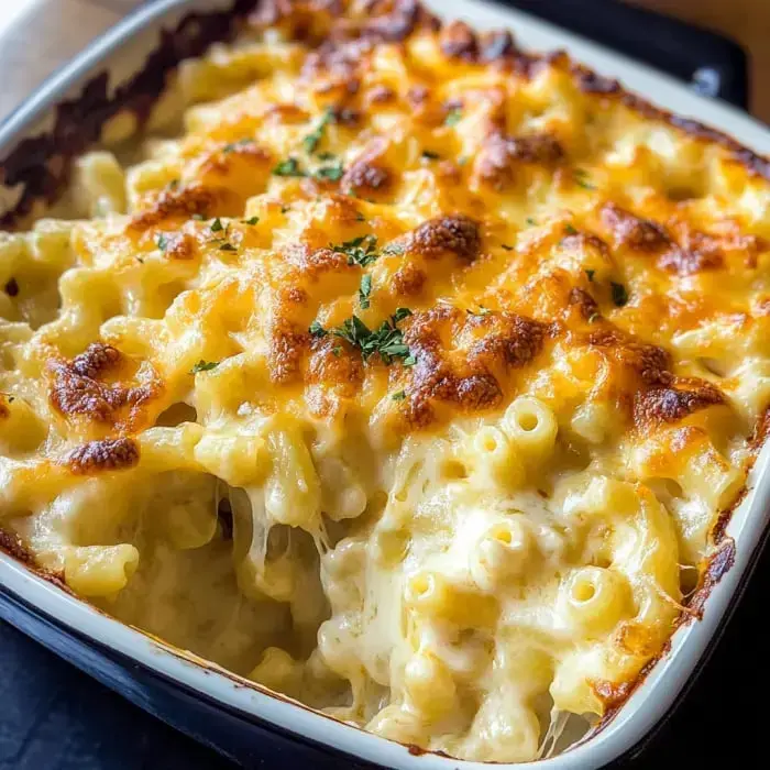 A golden-brown baked mac and cheese topped with melted cheese and garnished with parsley.