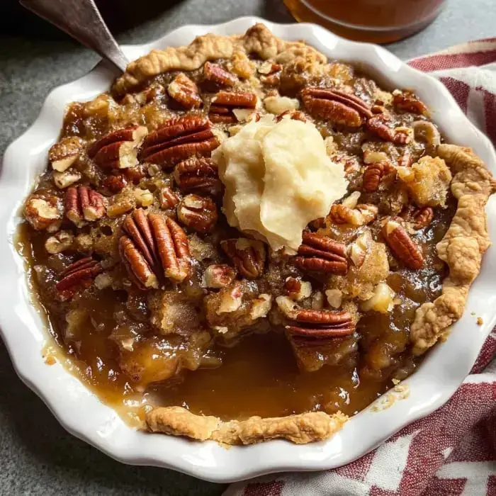 Freshly baked pecan pie sits in a white dish, topped with whipped cream, all gooey and inviting up close.