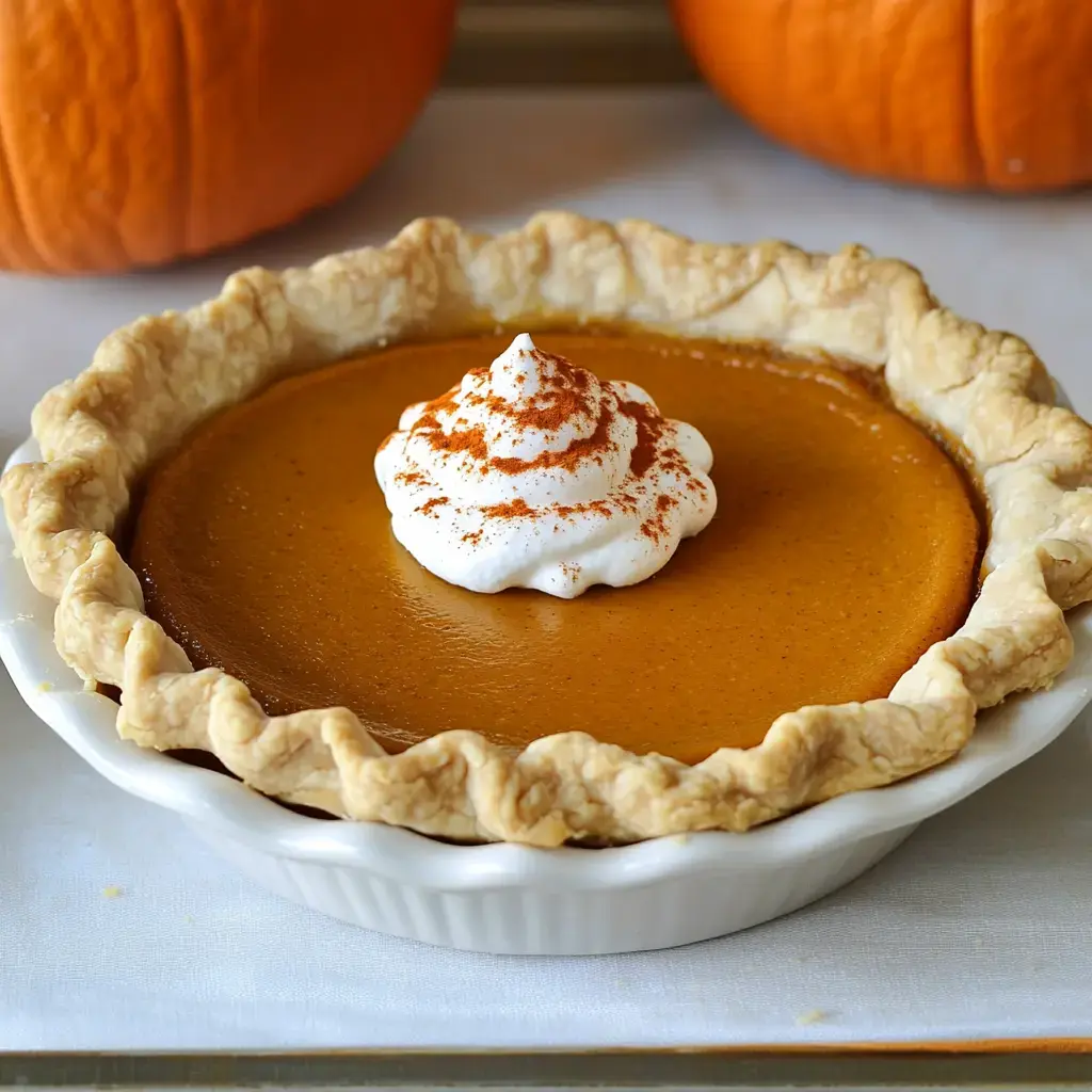 Pumpkin pie with a dollop of whipped cream, a dusting of cinnamon, and small pumpkins around it.