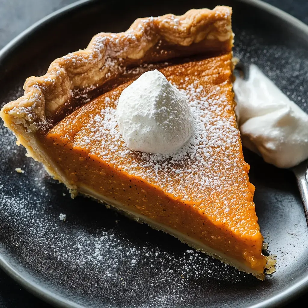 Slice of pumpkin pie with whipped cream and a shower of powdered sugar on a black plate.