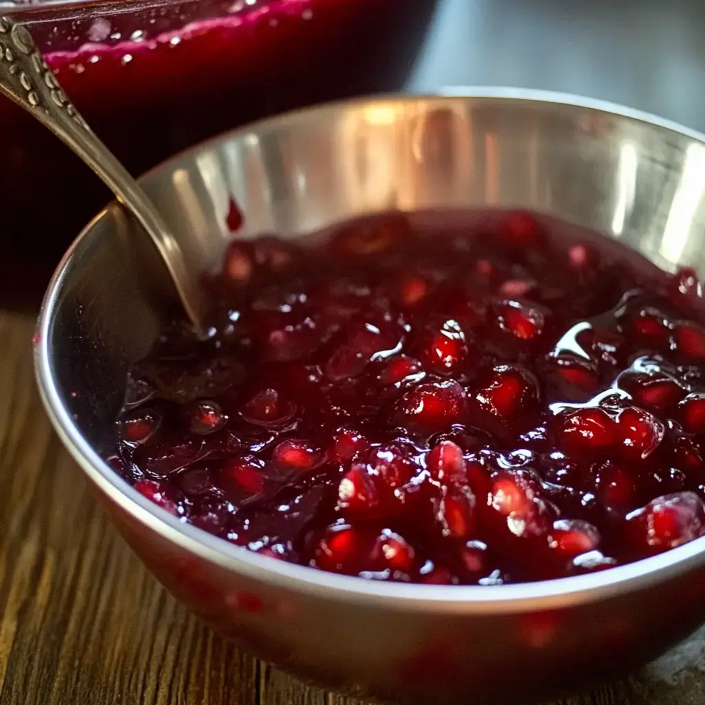There's a shiny bowl full of deep red pomegranate jelly, topped with sparkling pomegranate seeds, sitting on a wood table.