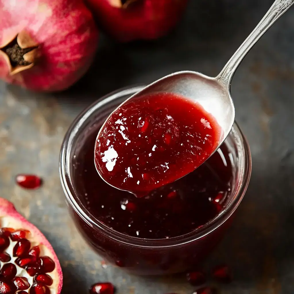 A jar stuffed with pomegranate jam has a spoon in it, surrounded by juicy pomegranates and their red seeds on a dark counter.