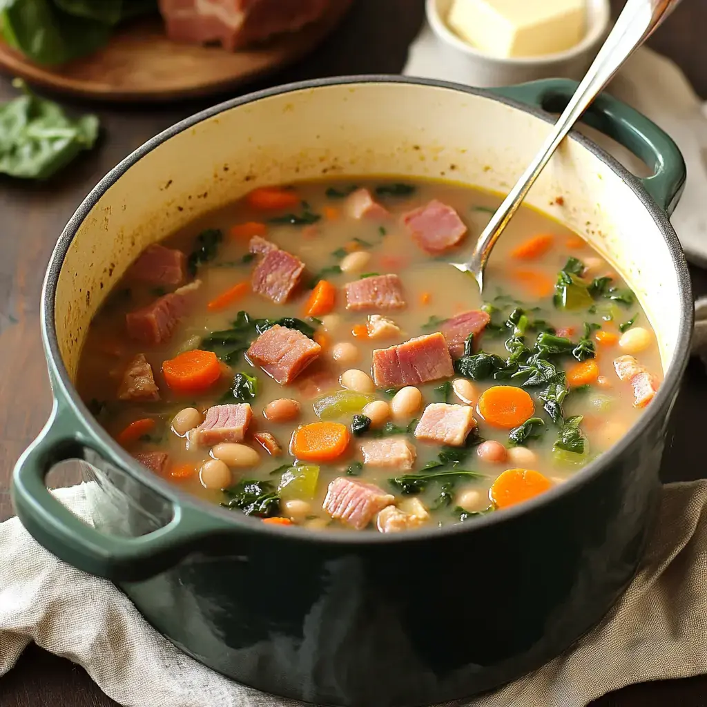 A pot of warm soup with ham, beans, carrots, and greens on a rustic wooden table, with a spoon ready to serve.