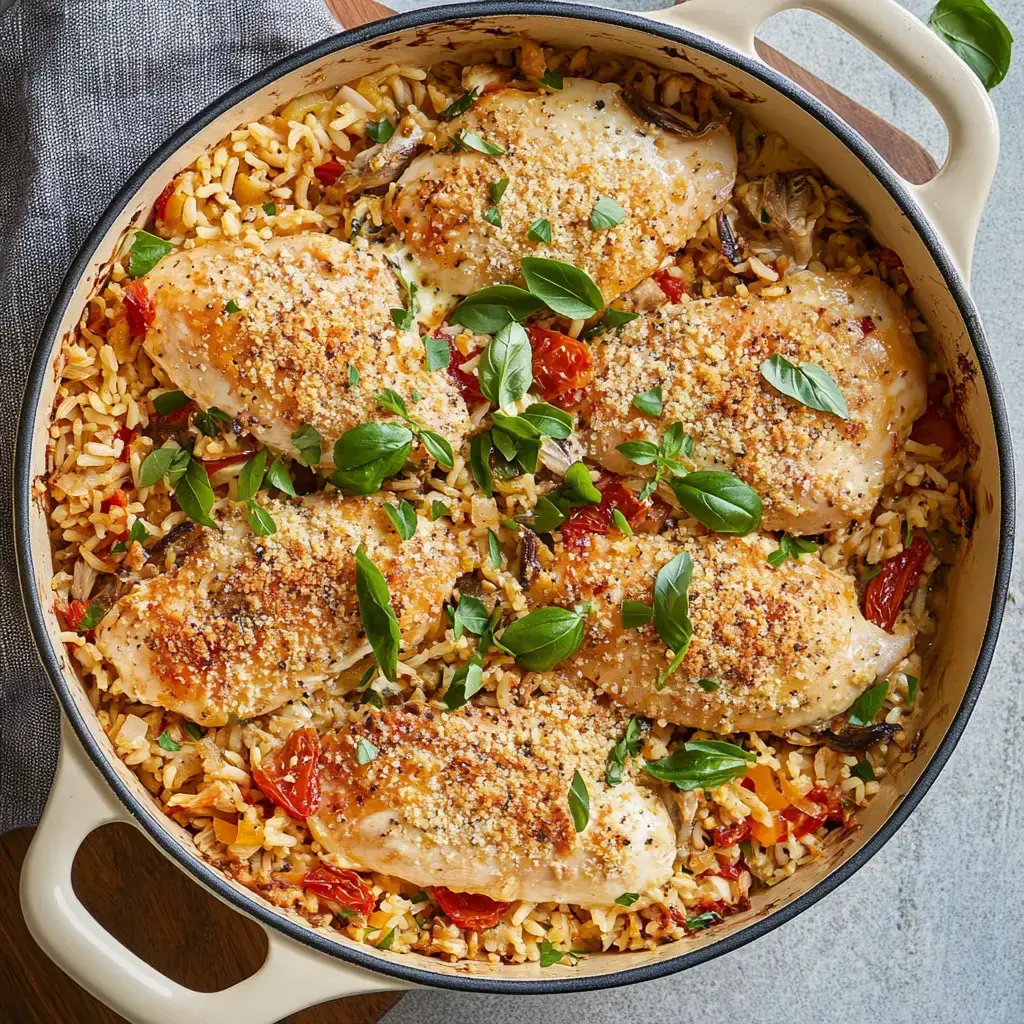 Seasoned chicken and rice in a casserole dish with basil and breadcrumbs on top.