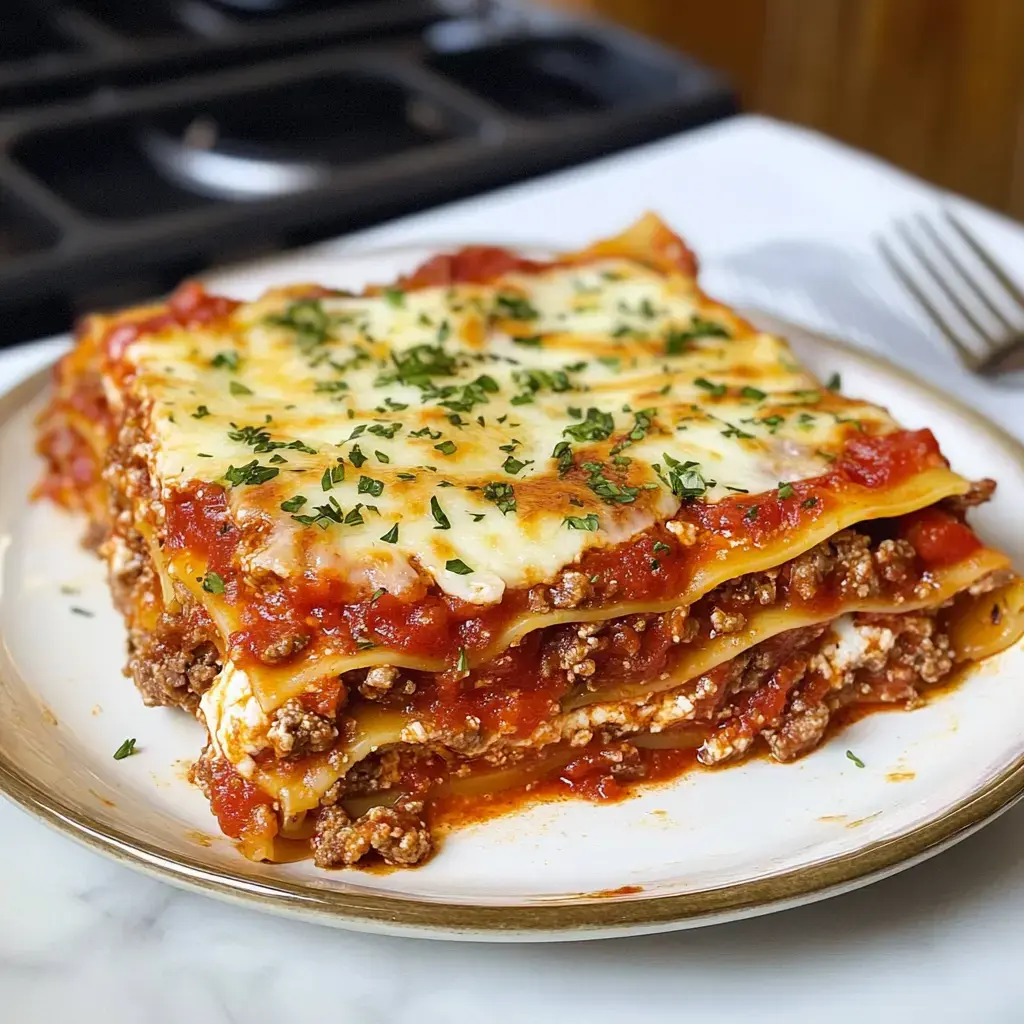 A cheesy lasagna slice with rich meat sauce and parsley garnish served on a white plate.