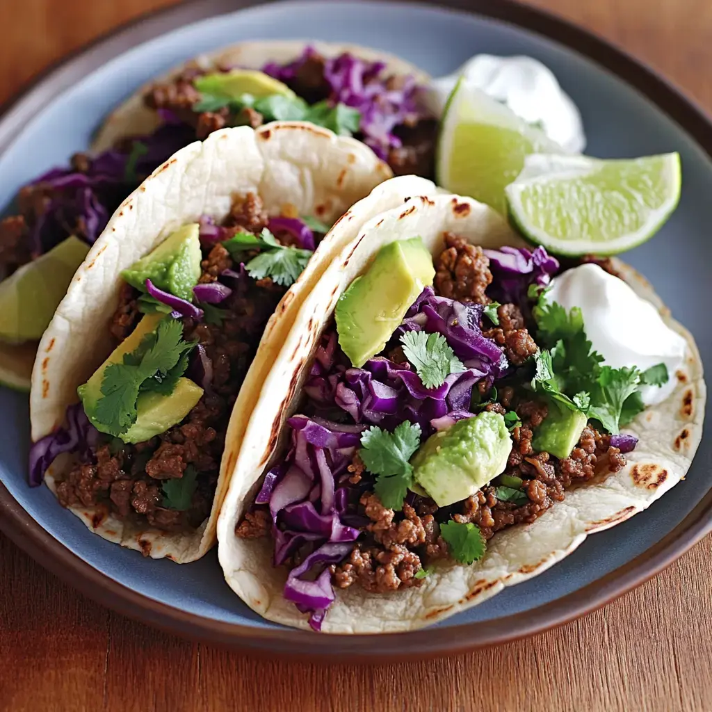Three wraps filled with savory beef, crunchy purple cabbage, creamy avocado, and fresh cilantro. Served with lime wedges and sour cream on a blue plate.