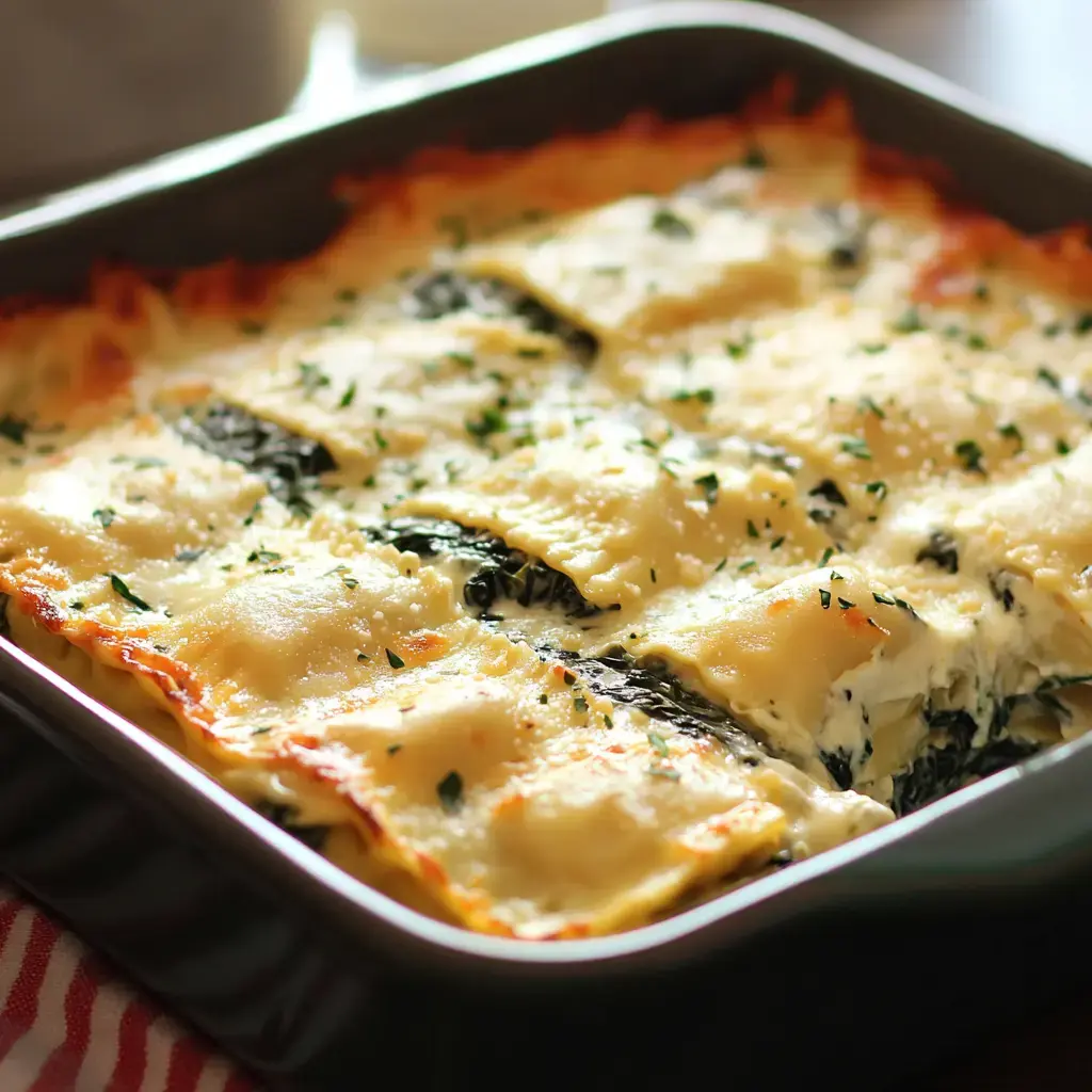 Close view of baked lasagna topped with cheese, sprinkled parsley.