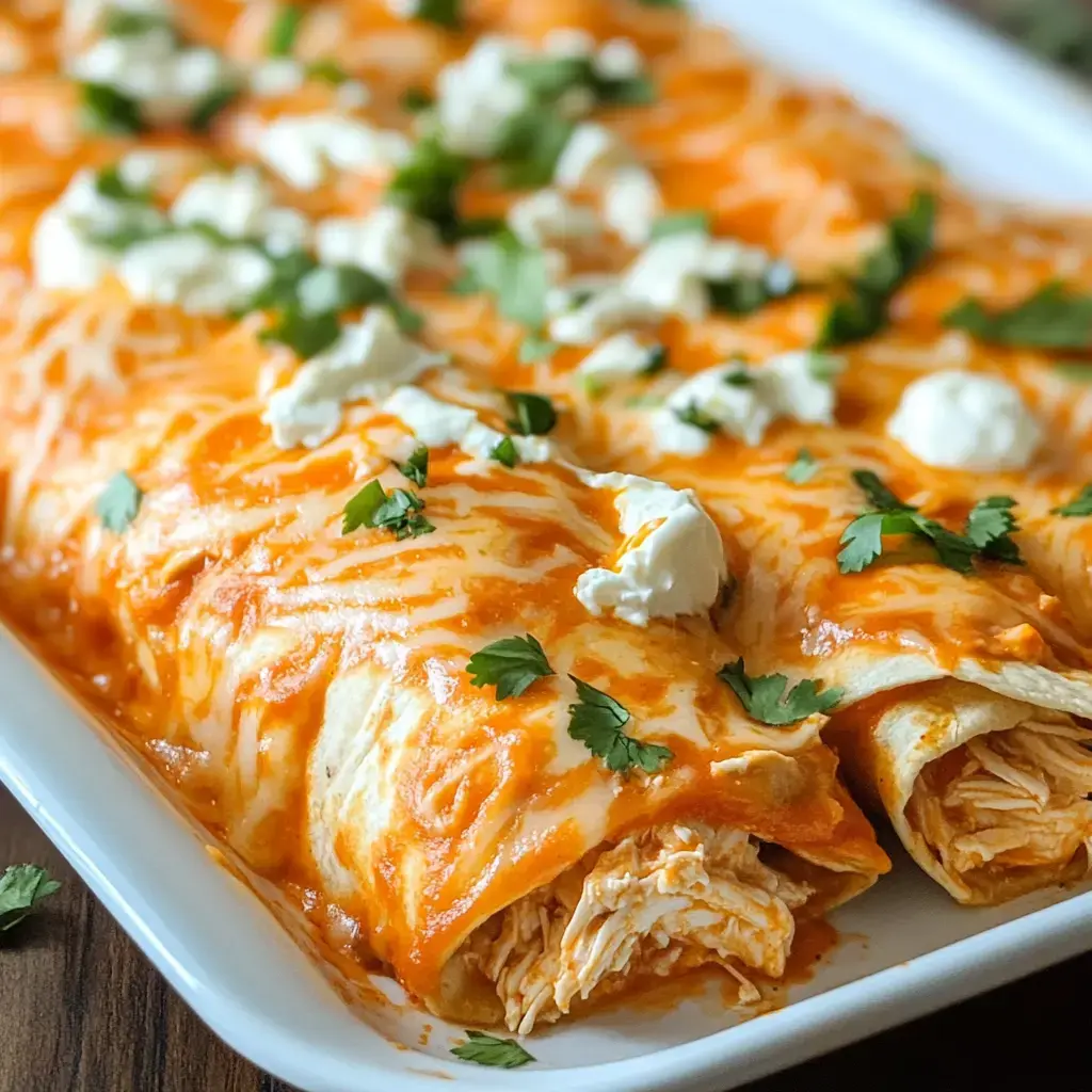 Cheesy chicken enchiladas on a plate with sauce, fresh cilantro, and dollops of sour cream.