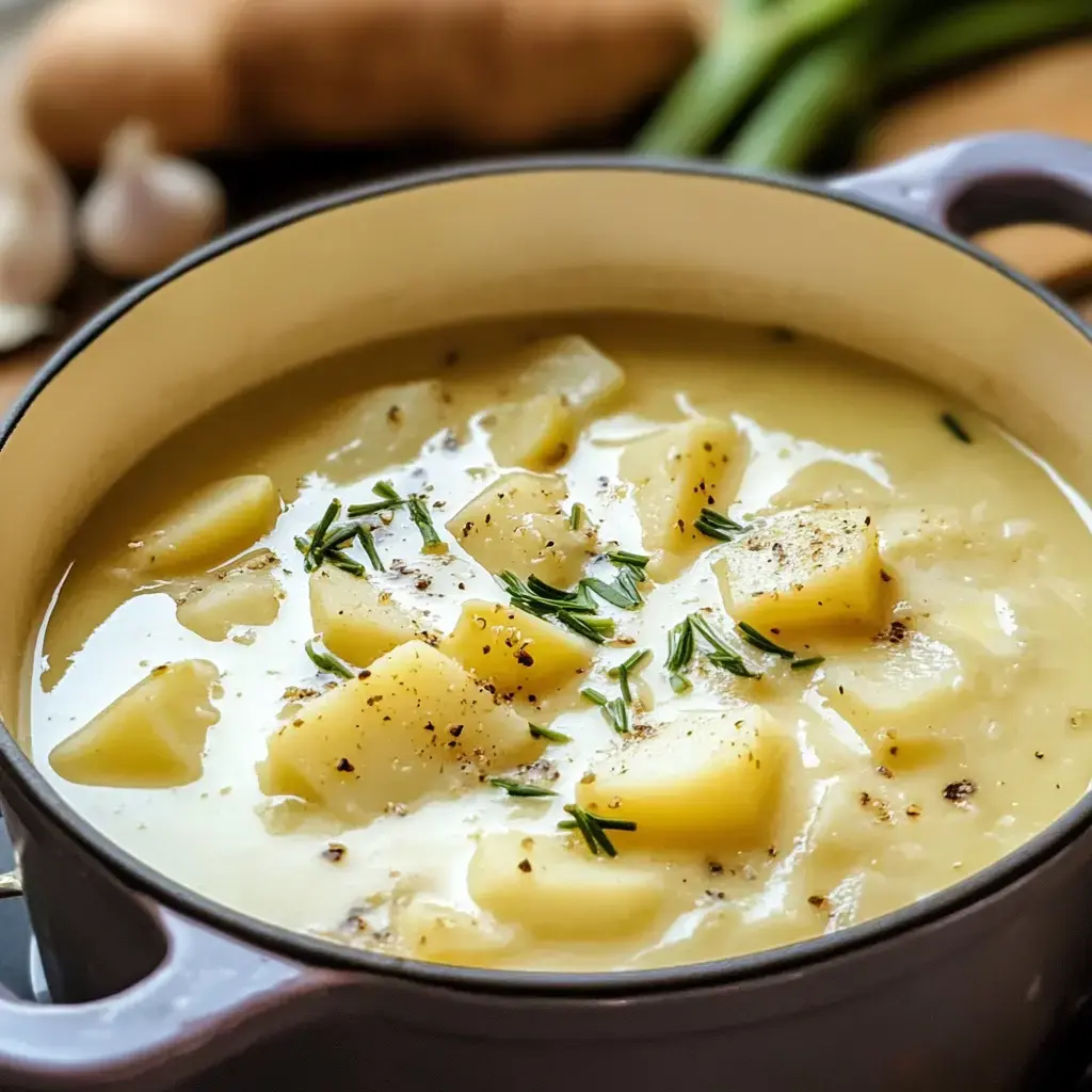 Close-up of smooth potato soup in a purple pot, garnished with herbs, surrounded by garlic and fresh veggies.