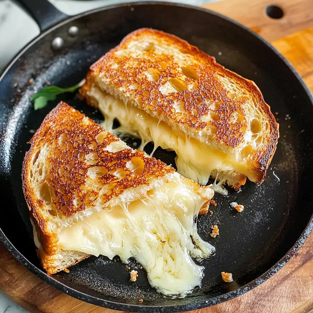 A sandwich oozing melted cheese set between two golden-browned sourdough slices inside a skillet.