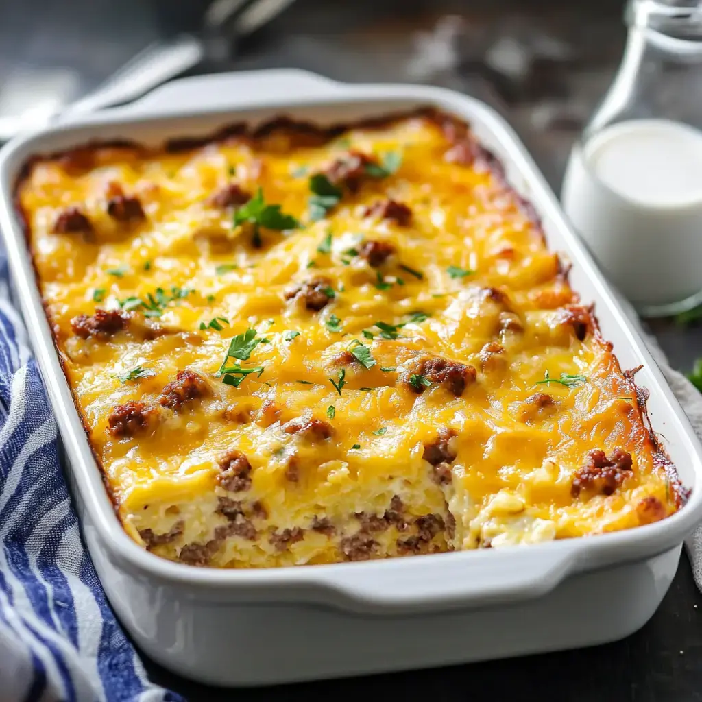 A cheesy bake filled with sausage and hashbrowns, sprinkled with parsley, served in a white dish beside a small milk bottle.