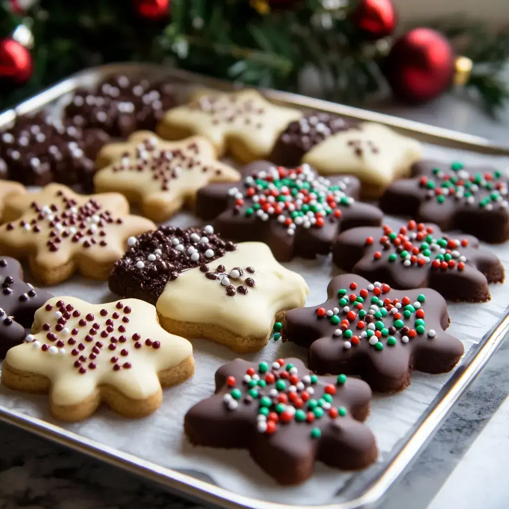 A festive assortment of chocolate cookies with vibrant decorations, sitting on a tray against a cheerful holiday backdrop.