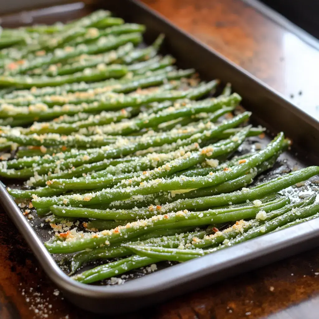 Crispy baked green beans topped with parmesan on a tray.