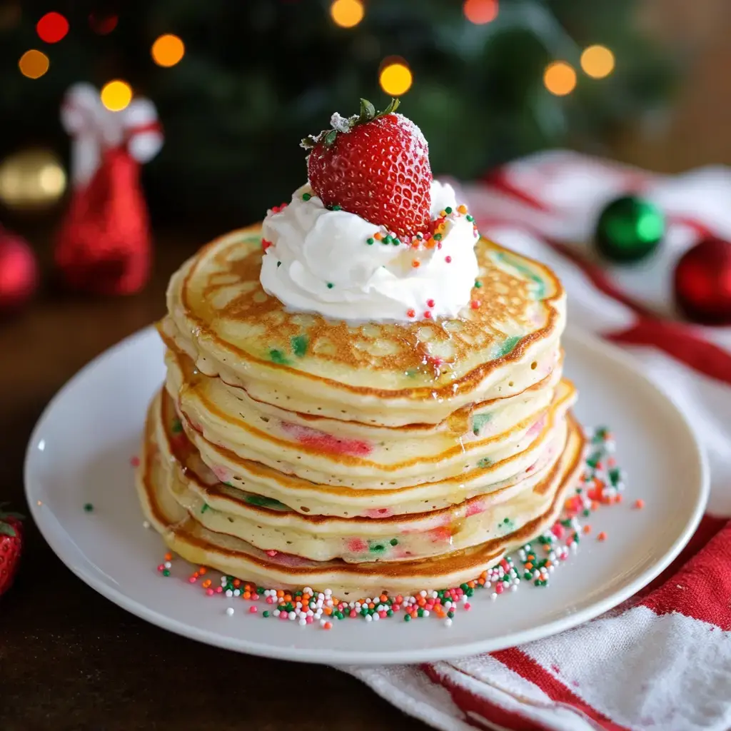 Colorful pancakes topped with whipped cream and a strawberry, sprinkled with festive colors, against a cozy holiday setting.