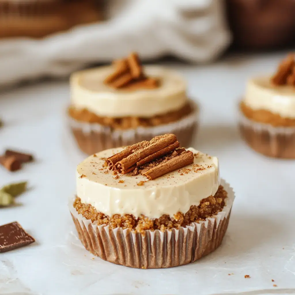 Three layered treats with a brown cookie base, topped with soft beige cream and fresh cinnamon sticks, sitting on a white backdrop.