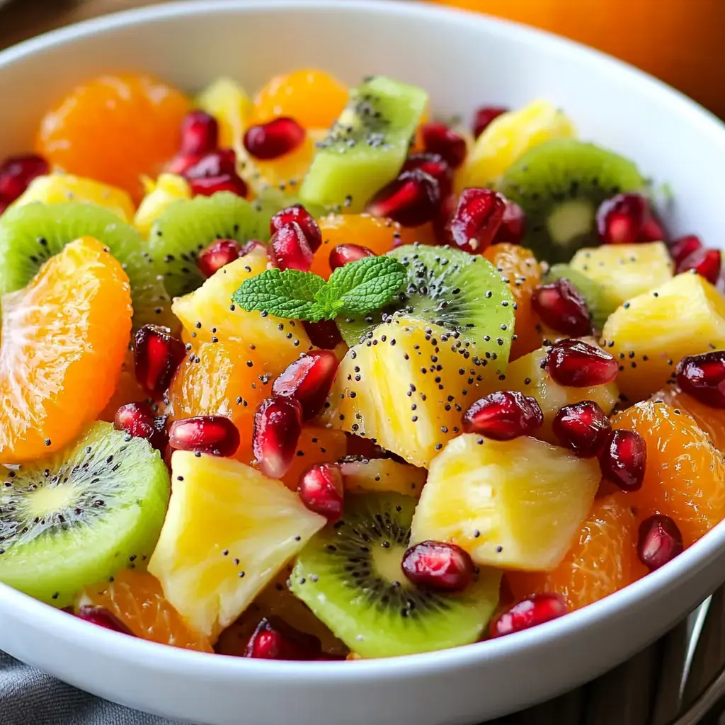 A colorful assortment of fresh fruit like oranges, pineapple, kiwi, and pomegranate in a bowl, topped with mint leaves.
