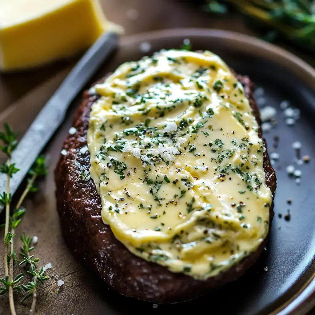 Cooked steak topped with butter made with garlic and herbs. A knife and a butter pat sit nearby.