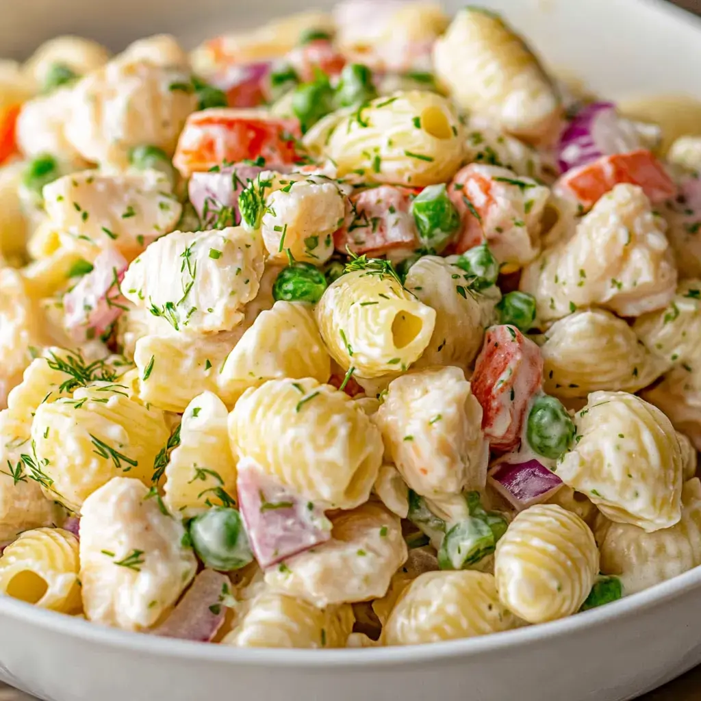 Close-up view of a creamy salad with shell pasta, chopped veggies, and fresh herbs.