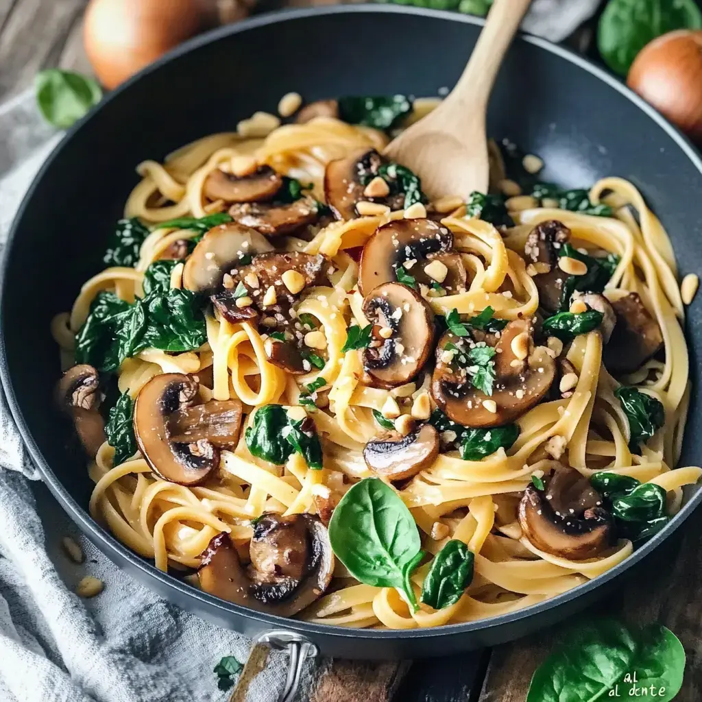 Close-up of linguine pasta loaded with sautéed mushrooms, spinach, and pine nuts paired with a wooden spoon.