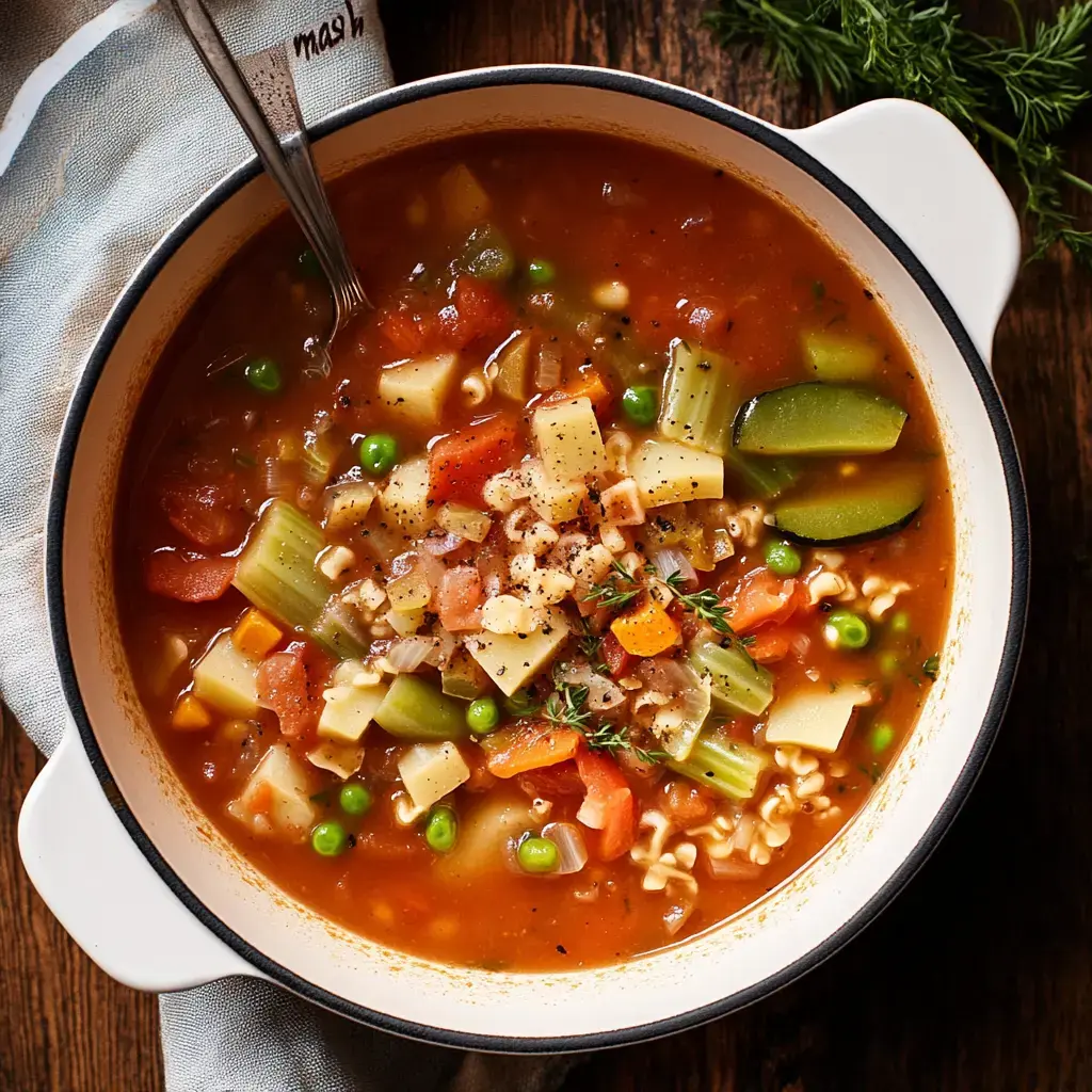 A rich soup brimming with chunks of veggies, soft pasta, and beans in a tasty broth, served in a white bowl on a wooden table.