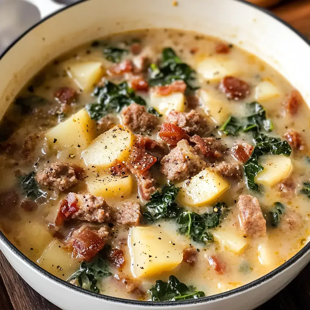 Creamy soup with sausage, potatoes, kale, and crispy bacon chunks.