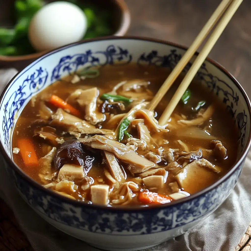 A comforting soup bowl brimming with ingredients like mushrooms, tofu, and pork, paired with a boiled egg on the side.