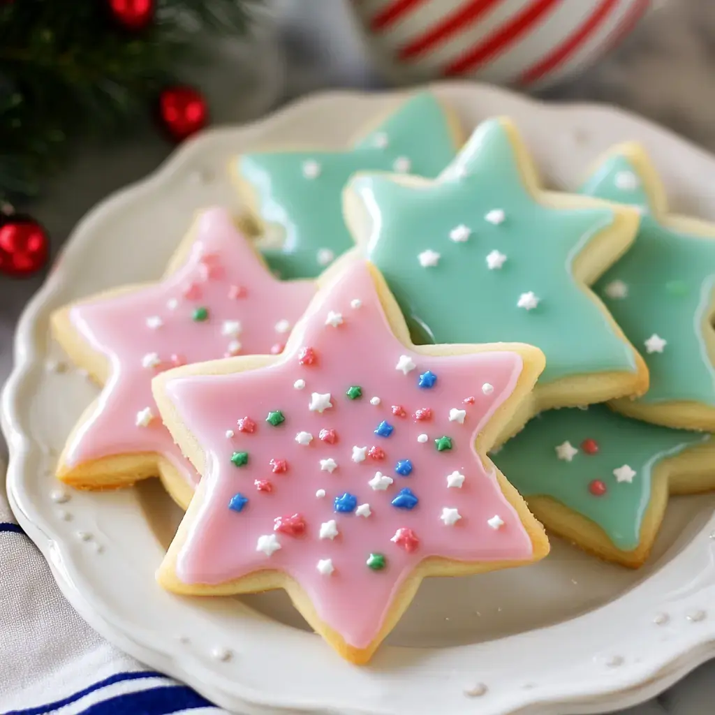 Star cookies with pink and green icing, decorated with bright star-shaped sprinkles on a plate.